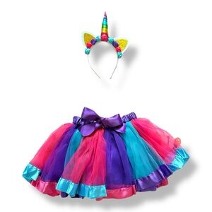 Girls Rainbow Unicorn Tutu Skirt + Headband Set Size 130 (7-8) Costume NWOT